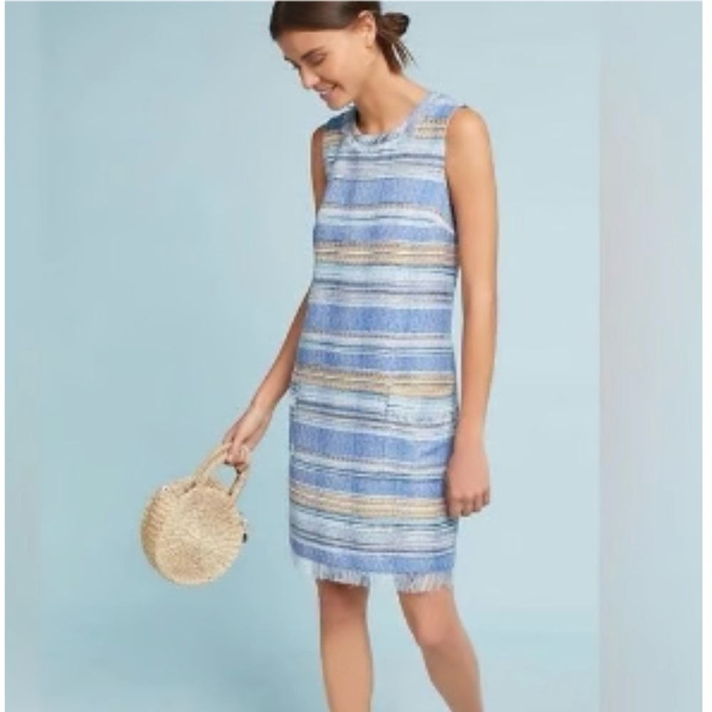 Anthropologie Akemi Kin Sleeveless Blue Striped Shift Dress Size 12 Fringe Lined
